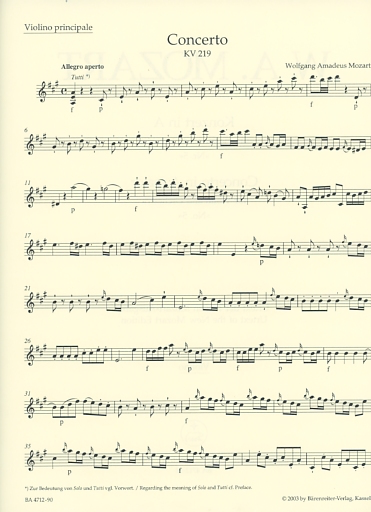 Mozart, W.A.: Concerto #5 in A Major for Violin and Orchestra, No.5, K.219 - Urtext (violin, & piano) Barenreiter