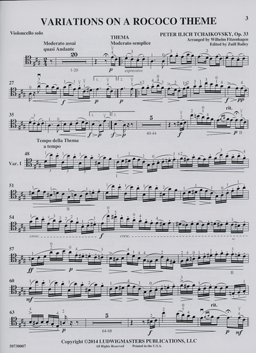 Tchaikovsky, P.I. (Fitzenhagen, arr.): Rococo Variations, Op. 33 (SCORE)