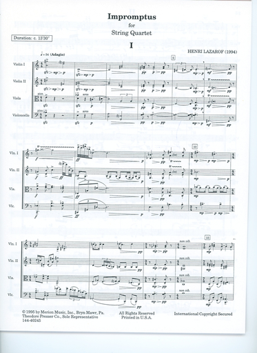 Lazarof, Henri: Impromptus (string quartet score and parts)