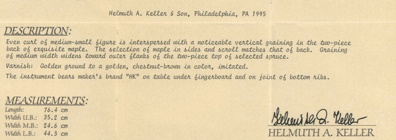 Helmuth Keller & Son cello, 1995, Philadelphia, with certificate | Metzler Violins