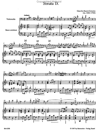Zwei Sonaten aus op.2 fur Violoncello und Basso continuo oder 2 Violoncelli ((Two Sonatas for Cello and Basso Continuo) Nr. 5 und 9 by Giacomo Basevi Cervetto, Barenreiter