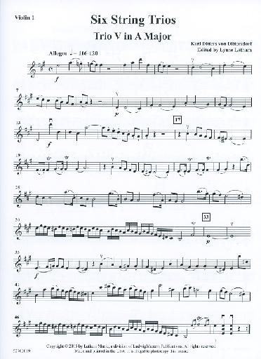 von Dittersdorf, K.D. (Latham): 6 String Trios, Trio 5 in A Major (score and parts, with optional viola for 2nd violin part)