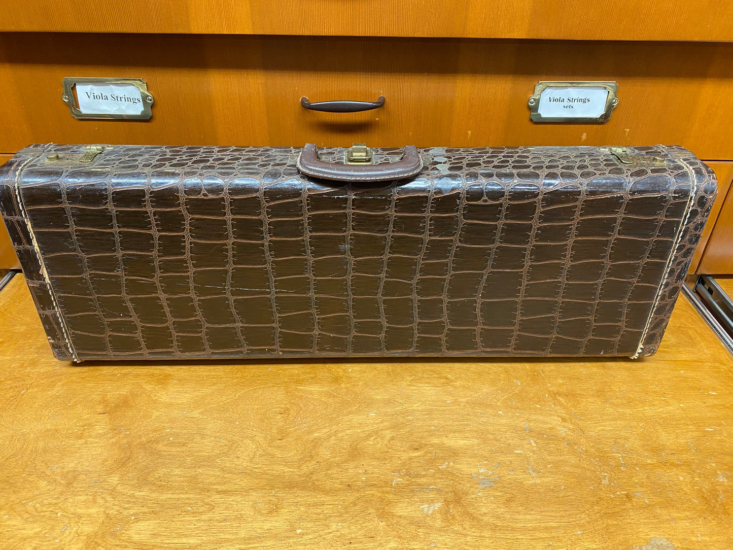 Vintage faux alligator oblong case, green velvet interior | Metzler Violins