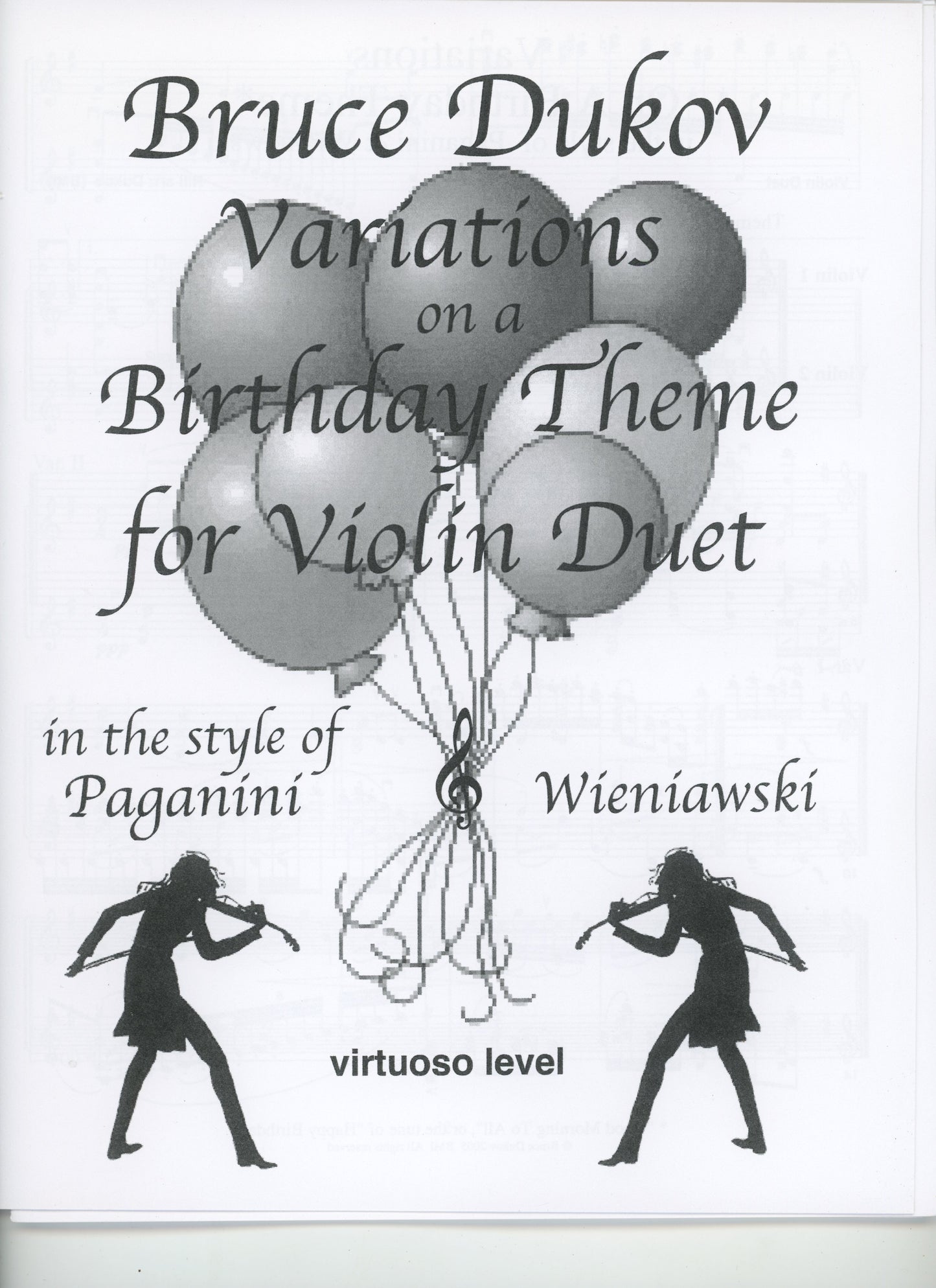 Dukov, Bruce: Variations on a Birthday Theme, violin duet, Virtuoso level, sheet music
