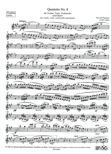 Paganini, Niccolo: Quartet No. 8 in A Major (violin, viola, cello, guitar) score and parts