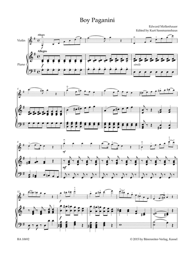 Mollenhauer, E. (Sassmannshaus): The Boy Paganini (violin & piano) Barenreiter