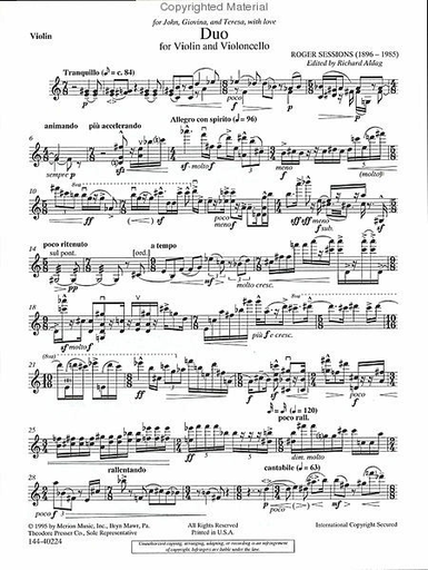 Sessions, Roger: Duo for Violin & Cello