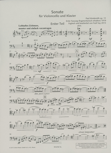Hindemith (Say): Sonate for Cello and Piano Op. 11