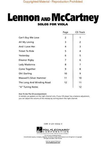 Lennon & McCartney (Beatles): Solos for Viola (viola & CD)