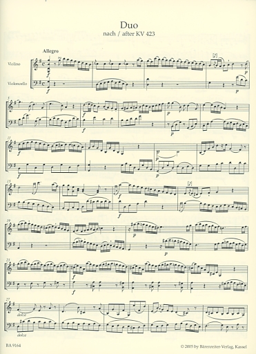 Mozart, W.A. (Berke): Two Duos for Violin & Cello, KV423 & 424 (violin & cello) Barenreiter