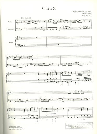 Locatelli, Pietro Antonio: Trio Sonata Op. 8 No. 10 for violin, Cello & Basso Continuo (violin, 2 cellos, piano)