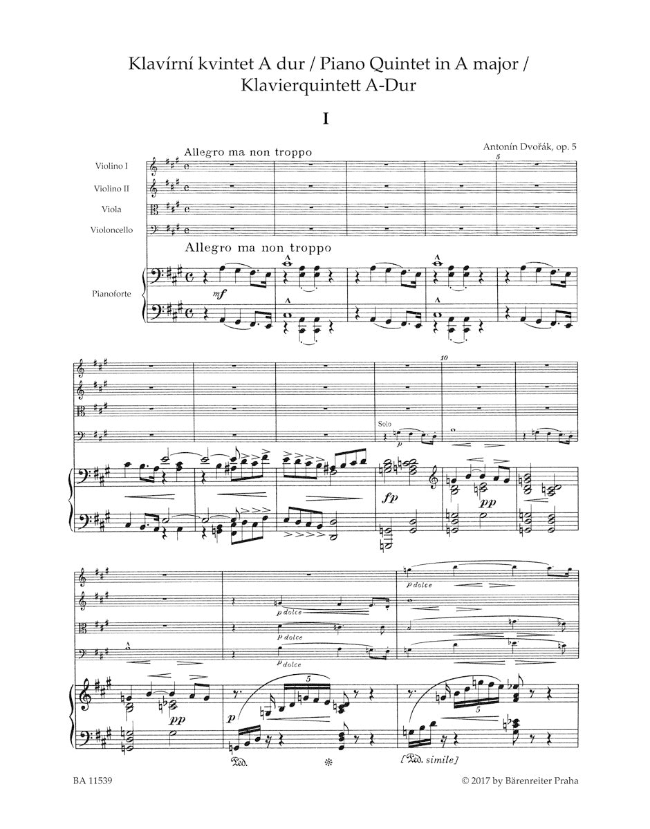 Dvorak, Antonin: Quintet in A major, Op. 5 (2 violins, viola, cello, piano) Barenreiter