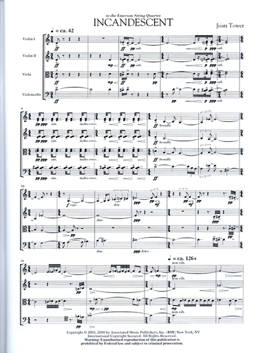 Tower, Joan: Incandescent (string quartet) score and parts
