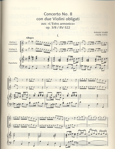 Vivaldi, A. (Hogwood/Egelhof): Concerto No.8 for 2 Violins and Piano in A minor, Op.3/8, RV 522, P2, FI/177) (two violins, and piano)