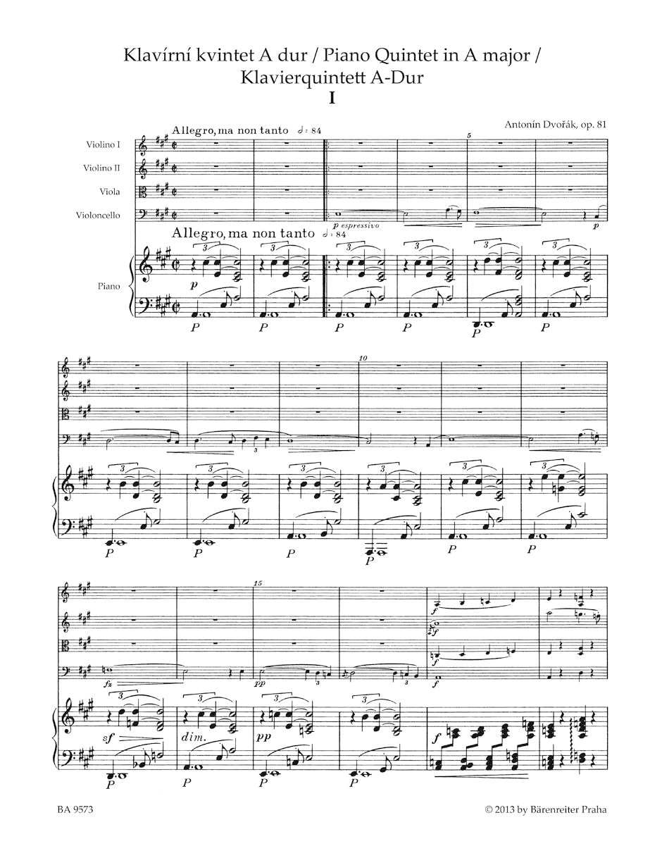 Dvorak, Antonin: Piano Quintet in A major, Op. 81 (piano, 2 violins, viola, cello) Barenreiter