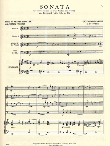 Gabrieli: Sonata (3 Violins & Piano, Cello ad lib)