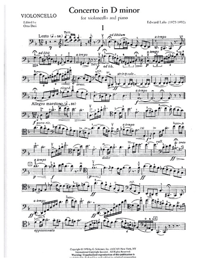 Lalo (Deri): Cello Concerto (cello & piano) SCHIRMER