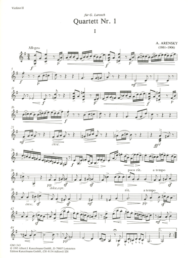 Arensky, Anton: String Quartet No. 1 Op.11 (2 violins, viola, cello) set of parts