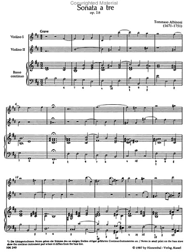 Albinoni, Tomaso: Trio Sonata in B minor Op.1/8 (2 violins, Cello and piano) Barenreiter