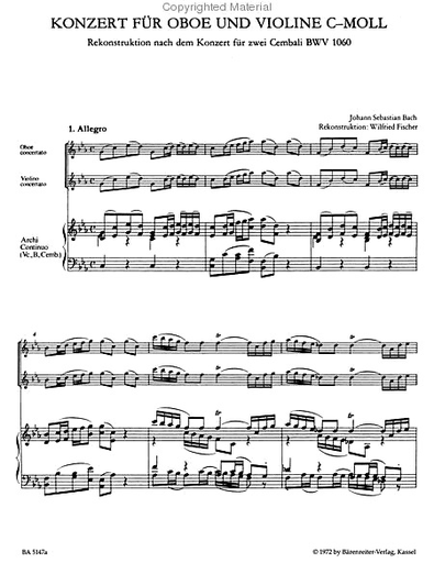 Bach, J.S. (Fischer): SCORE Concerto in C minor for Oboe & Violin BWV 1060, Barenreiter