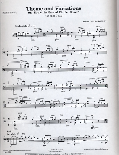 Hailstork, Adolphus: Theme and Variations on Draw the Sacred Circle Closer for Solo Cello
