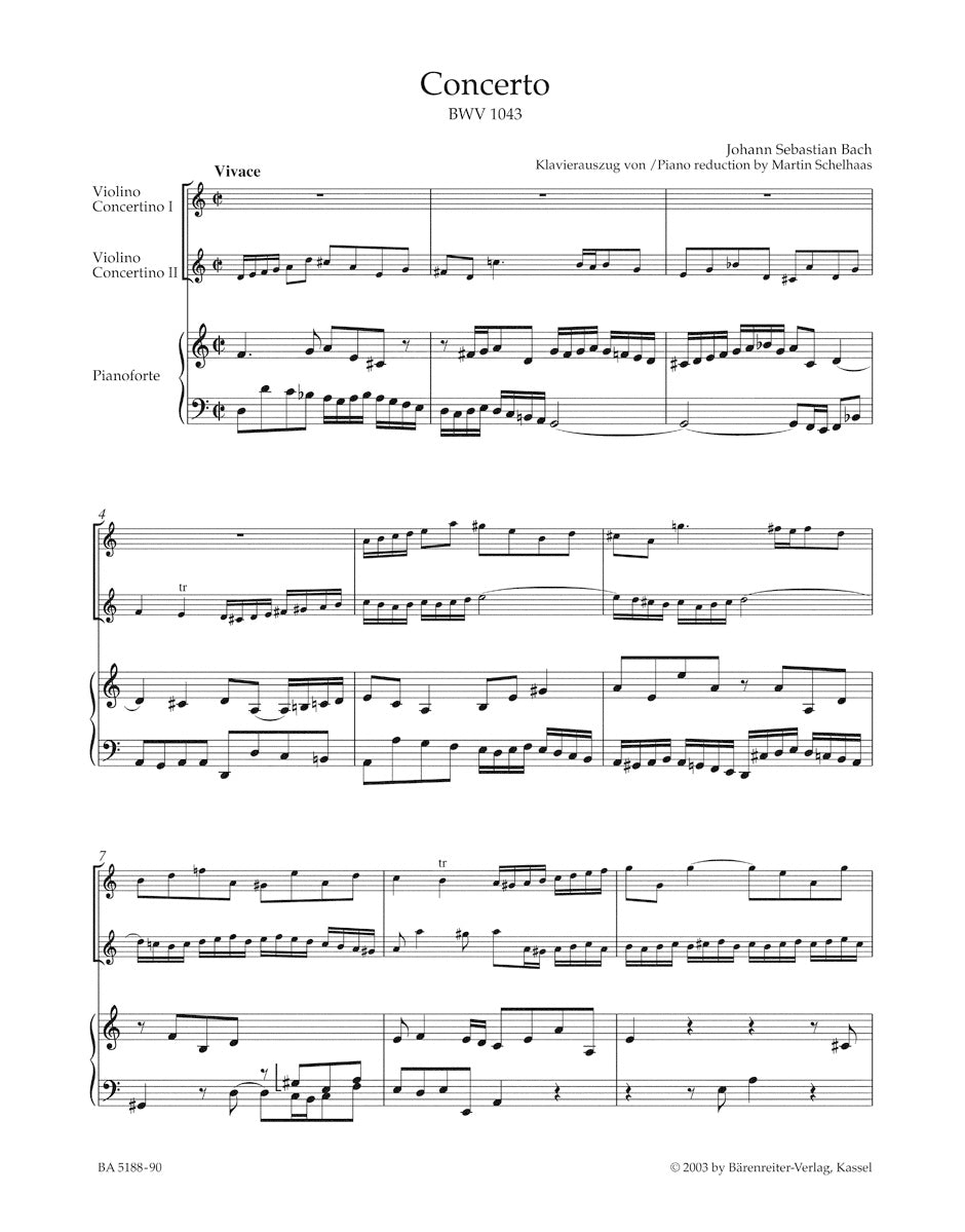 Bach, J.S.: Concerto in D minor, BWV1043 urtext (2 violins, and piano) Barenreiter