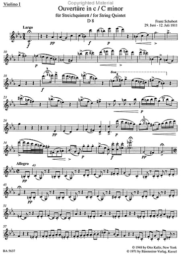 Schubert, Franz (Chusid): Overture in c minor Urtext (2 violins, 2 violas, Cello) Barenreiter