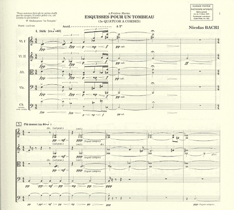Bacri, Nicolas: Esquisses pour un tombeau, Op.18, No.3-score and parts (string quartet)