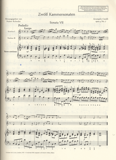 Corelli, A. (Kolneder): 12 Sonatas de Camera, Op.4, Volume II (two violins, and piano, with Cello ad libitum)