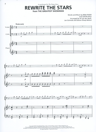 Pasek, Benj: Rewrite the Stars from The Greatest Showman as performed by The Piano Guys. (Piano/cello/violin)