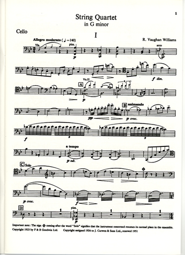 Vaughan Williams: String Quartet in g minor (set of parts)