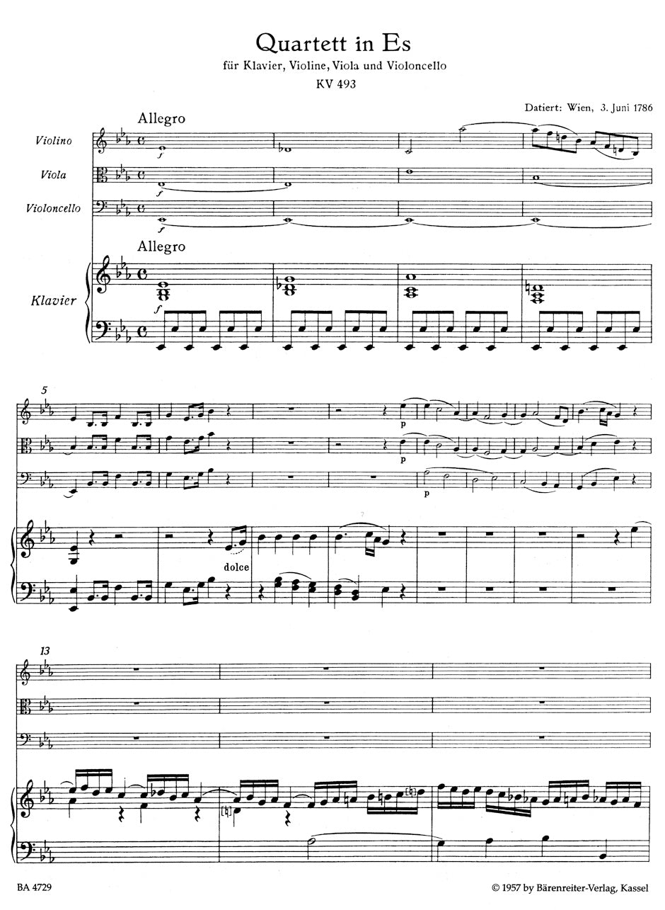 Mozart, W.A.: Piano Quartet in Eb Major KV 493 (piano, violin, viola, cello) Barenreiter Urtext