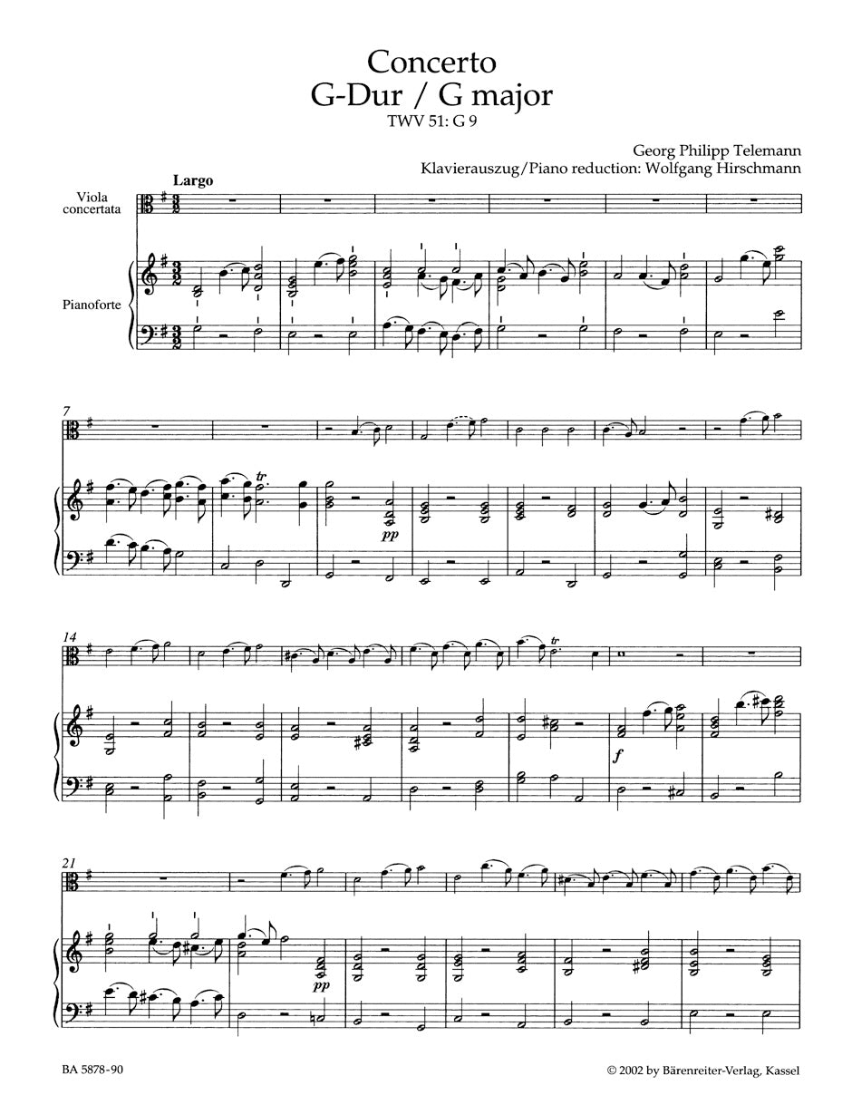Telemann, G.P. (Hirschmann): Concerto in G Major (viola & piano) Barenreiter