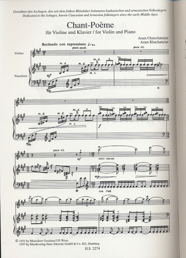 Khachaturian, Aram: Chant Poeme (violin & piano)
