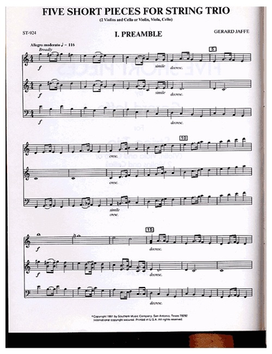 Jaffe, Gerard: 5 Short Pieces for String Trio (violin, Viola, Cello) (2 violins, Cello) Out of Print