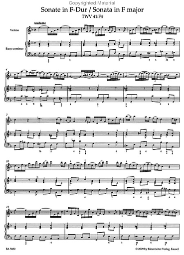 Telemann, G.P.: Two Sonatas for Violin & Basso Continuo (violin, piano, cello) Barenreiter
