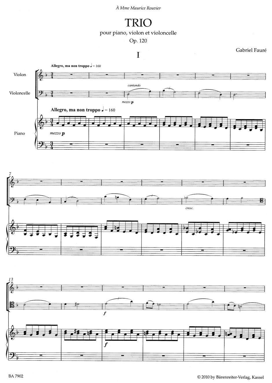 Faure, Gabriel (Sobaskie): Piano Trio for Piano, Violin and Violoncello op. 120 N 194, Barenreiter Urtext