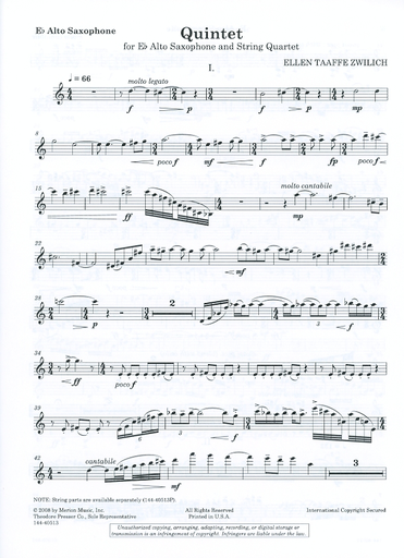Zwilich, Ellen Taaffe: Quintet for Eb Alto Saxophone and String Quartet (Solo part and full score)
