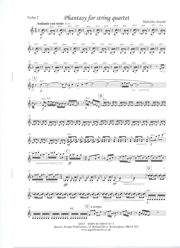 Arnold, Malcolm: Phantasy, Vita Abundans (string quartet) score and parts