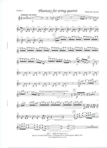 Arnold, Malcolm: Phantasy, Vita Abundans (string quartet) score and parts