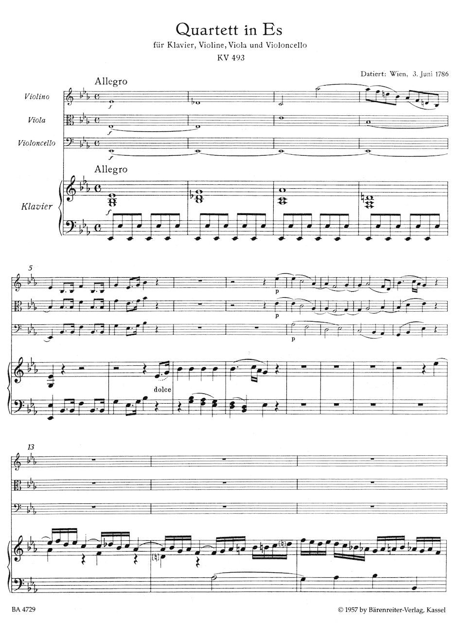 Mozart, W.A.: Piano Quartet in Eb Major KV 493 (piano, violin, viola, cello) Barenreiter Urtext