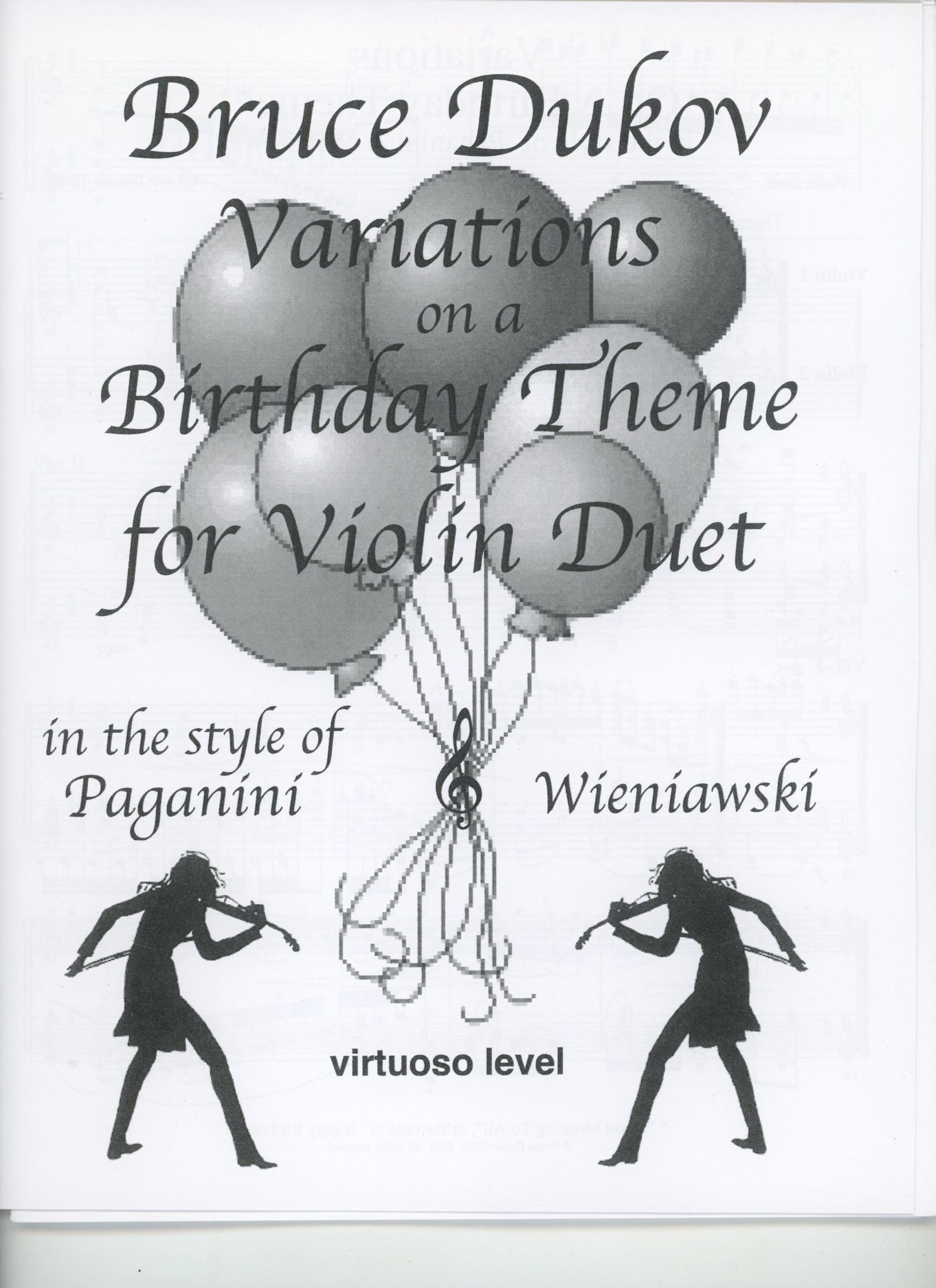 Dukov, Bruce: Variations on a Birthday Theme, violin duet, Virtuoso level, sheet music