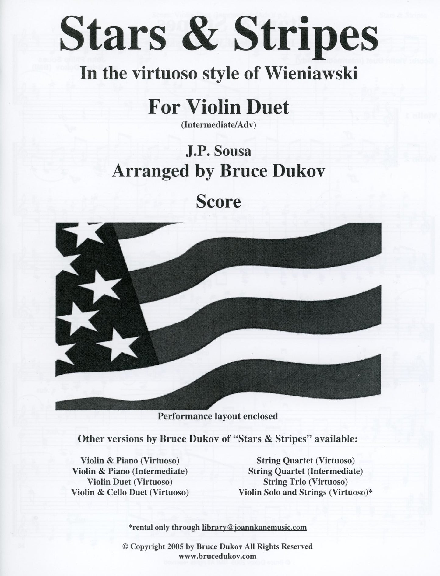 Sousa, J.P. (Bruce Dukov): Stars & Stripes Violin Duet, in the style of Wieniawski, intermediate/advanced level, parts & score, 2 violins