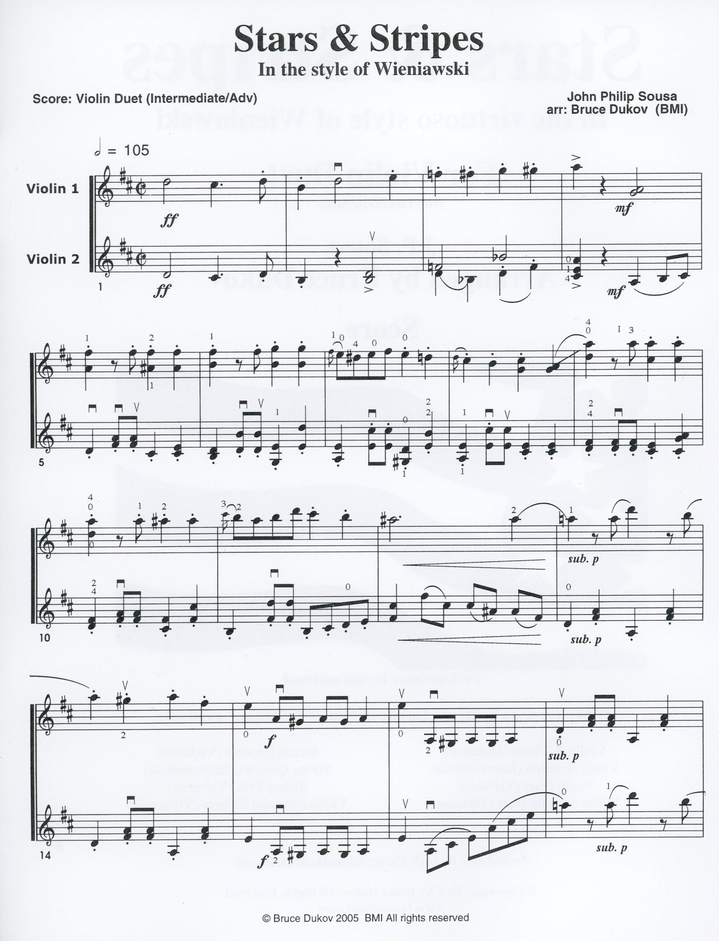 Sousa, J.P. (Bruce Dukov): Stars & Stripes Violin Duet, in the style of Wieniawski, intermediate/advanced level, parts & score, 2 violins