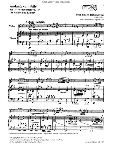 Tchaikowsky, P.I. : Andante Cantabile from String Quartet Op. 11 transcribed by Leopold Auer (violin and piano)