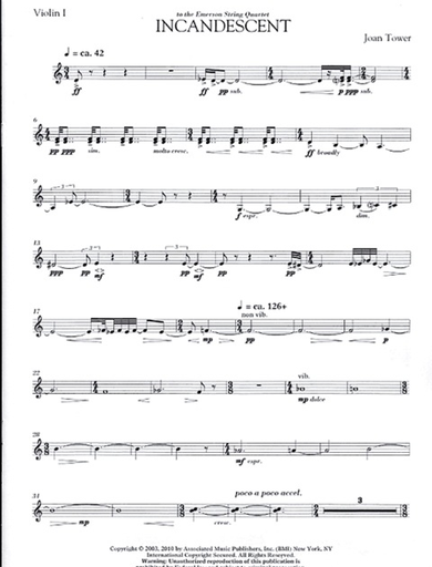 Tower, Joan: Incandescent (string quartet) score and parts