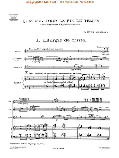 Messiaen, Olivier: Quatour por la fin du Temps (violin, clarinet, cello, piano)
