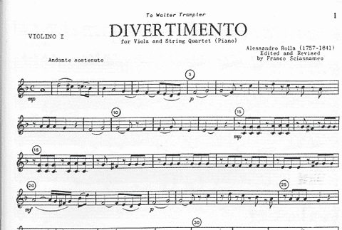 Rolla, Alessandro (Sciannameo): Divertimento for Viola and String Quartet (Piano reduction & parts)
