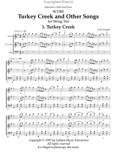 Critelli, Carol: Turkey Creek & Other Songs for String Trio (score)