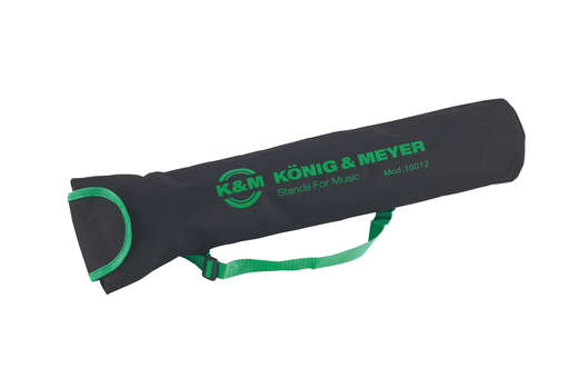 K&M, medium length black stand bag with green carrying strap, trim and logo